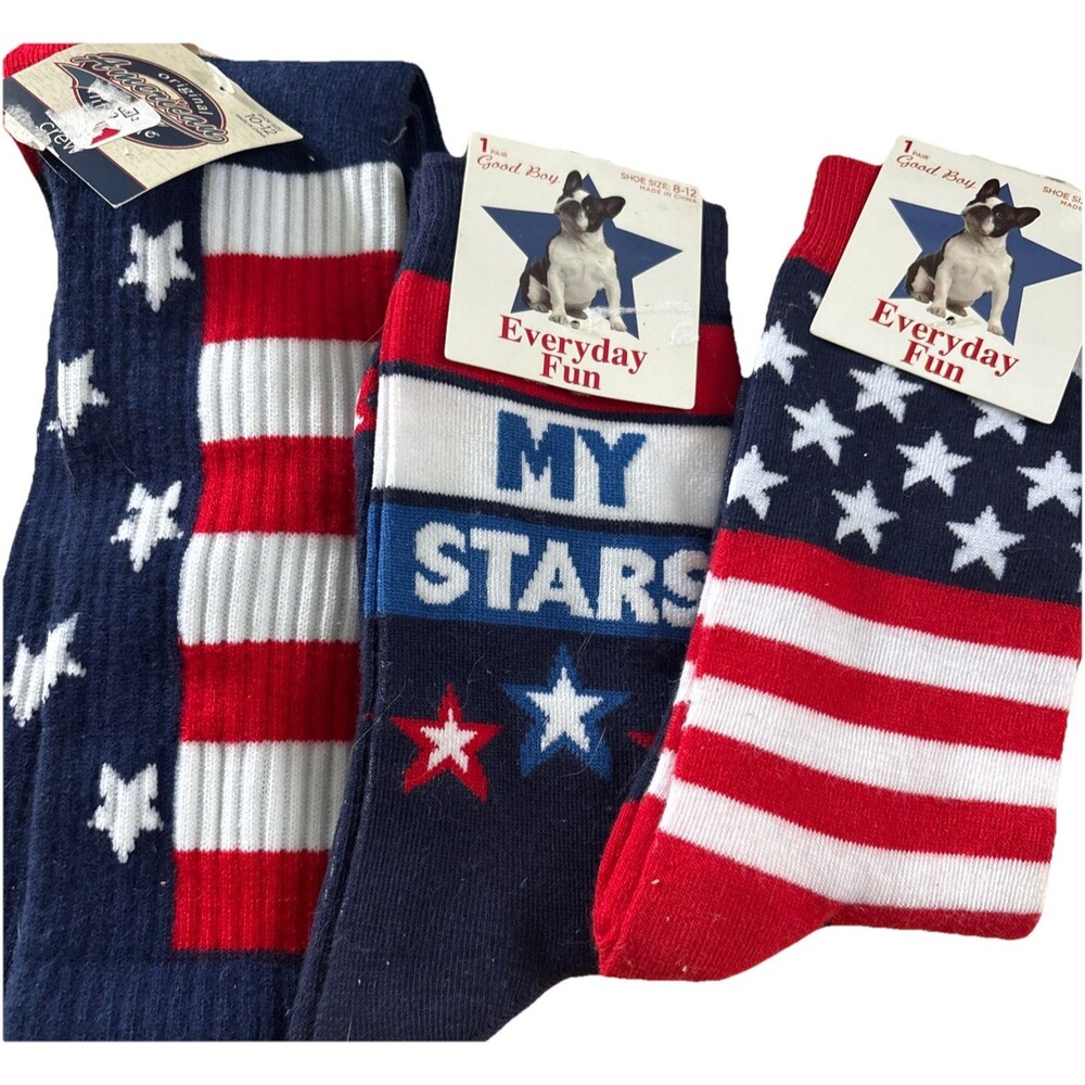 3 Pairs American USA Patriotic Socks My Stars Stripes Navy Blue Sz 8-12 NWT